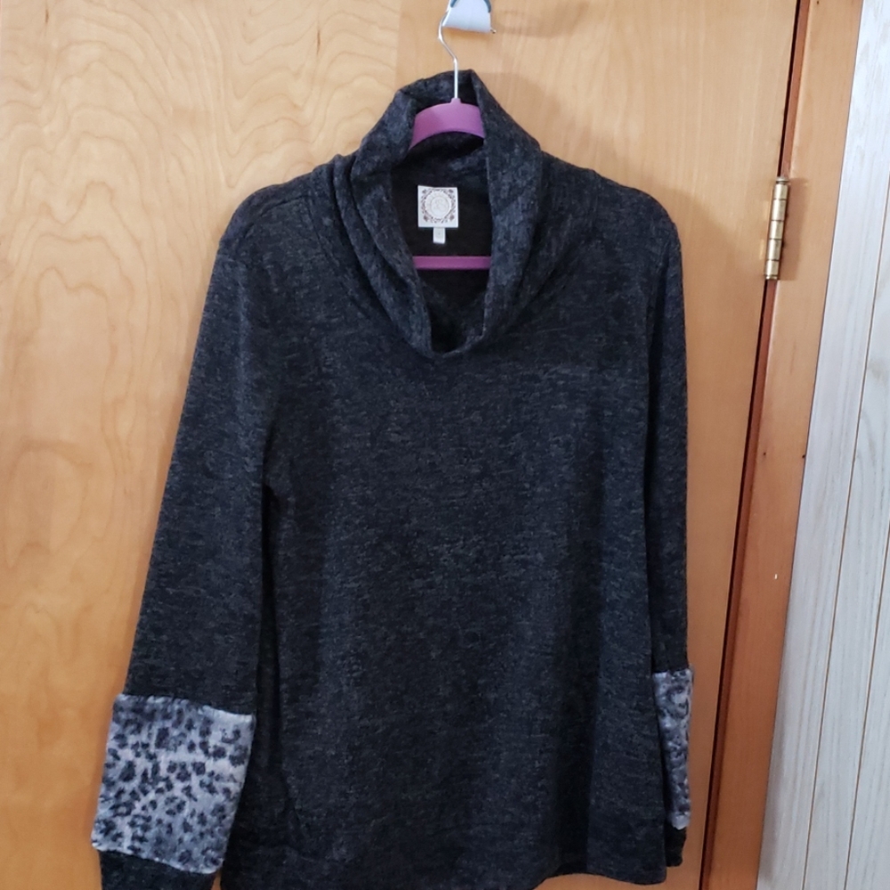 Black/Gray Leopard Print Cowl Neck Sweater
